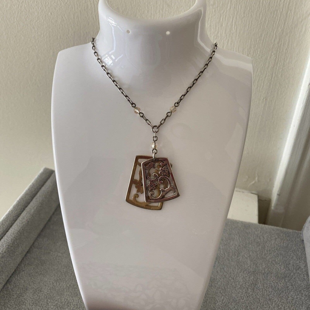 Brighton Silver & Gold Floral Rectangular Scroll 2 Pendant Silver 16” Necklace
